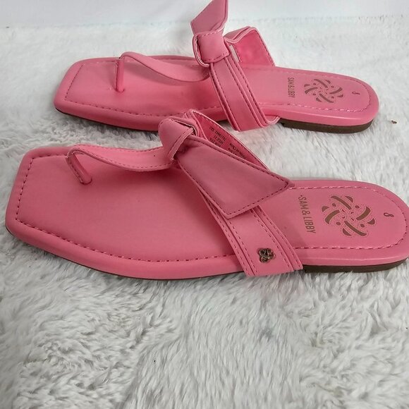 Sam & Libby Pink Faux Leather Square Toe Flat Slide On Thong Sandal Size 8 - Picture 9 of 14